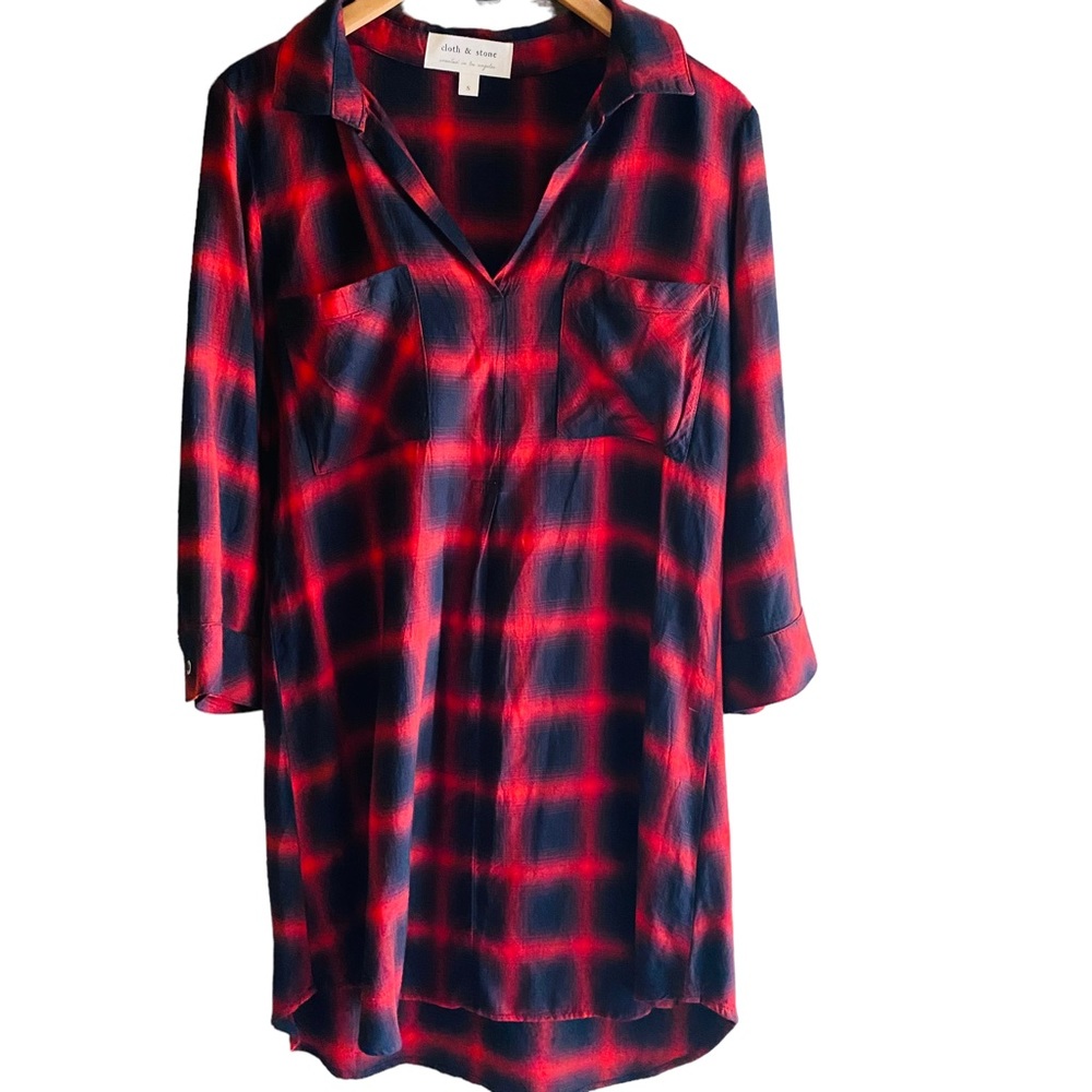 Anthropologie Cloth & Stone Red Flannel Plaid Shirt Dress